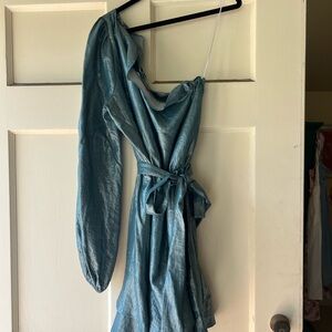 Show Me Your MuMu Shimmering Blue One-Shoulder Mini Dress